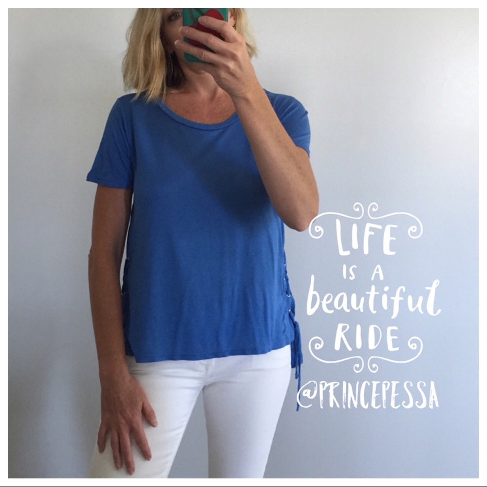 Blue, Short Sleeve Side Tie Detail Top - Picture 2 of 6